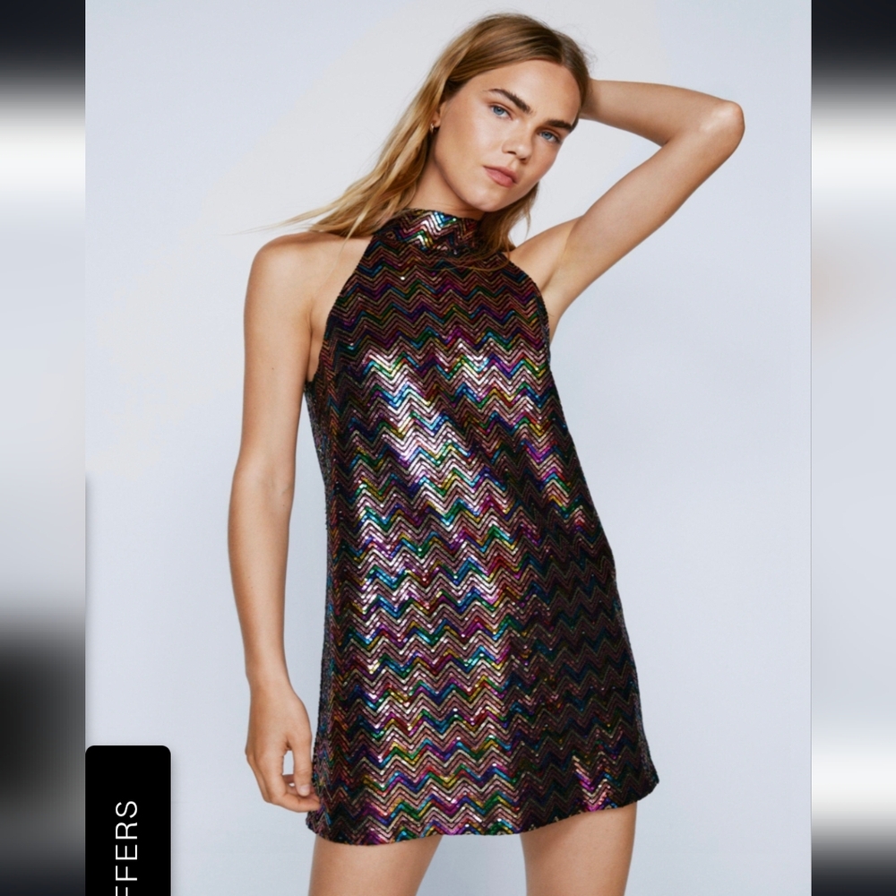 Nasty Gal | Sequin Halter Neck Mini Dress NWT Size 4 - Picture 3 of 7